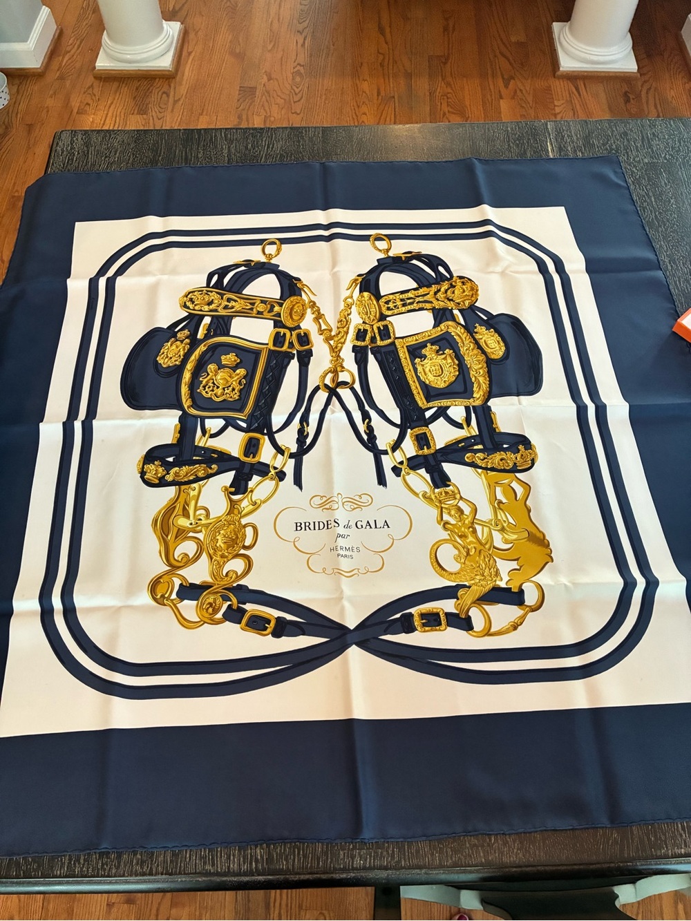 Authentic Hermes Brides de Gala Silk Scarf in Navy, White & Gold